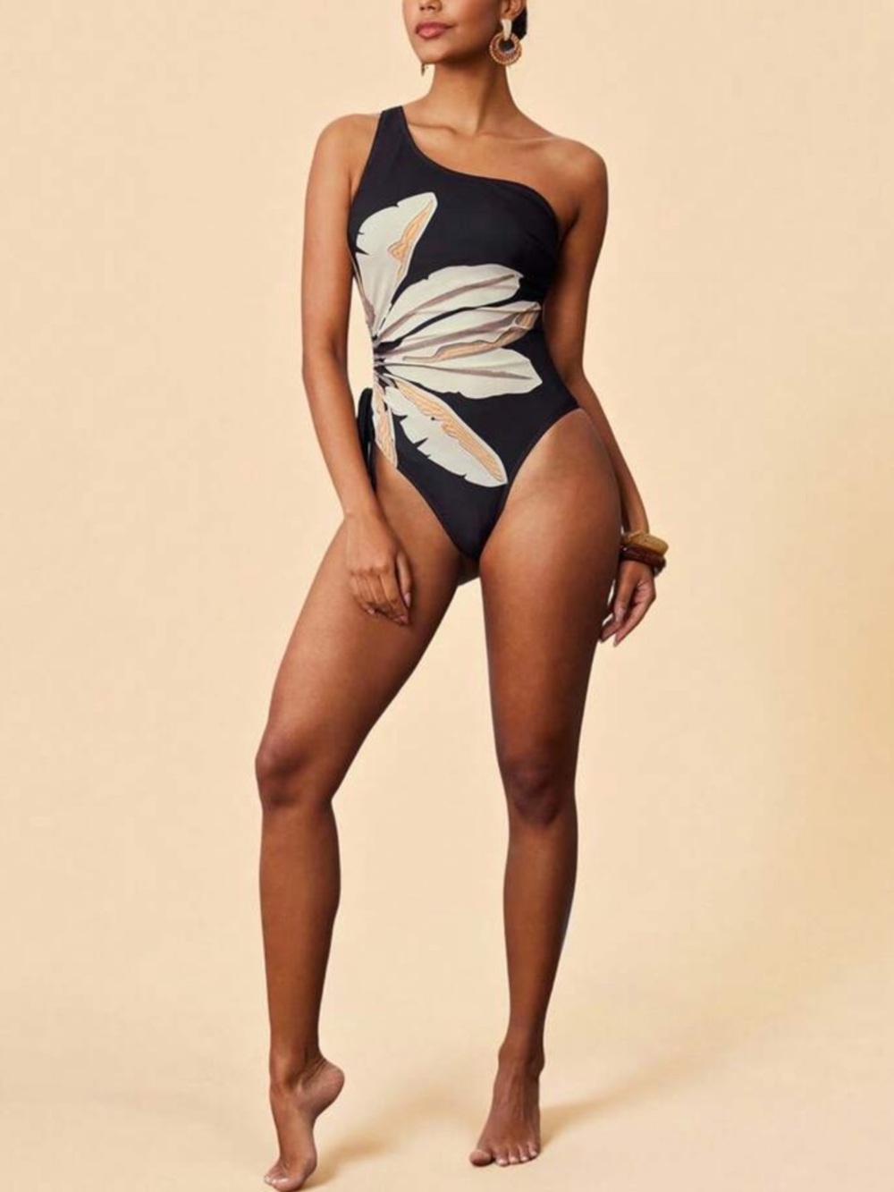 One-Shoulder Black Floral Print One-Piece Swimsuit